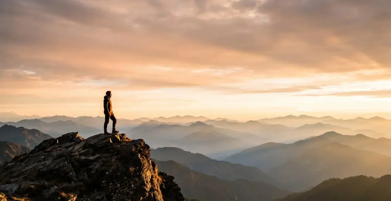 Silhouette d'une personne au sommet d'une montagne dorée contemplant l'horizon au lever du soleil