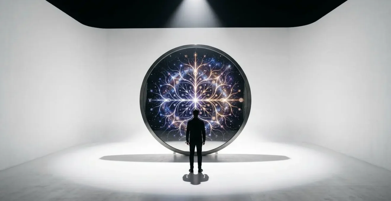 Personne face à un miroir cosmique reflétant des choix multiples