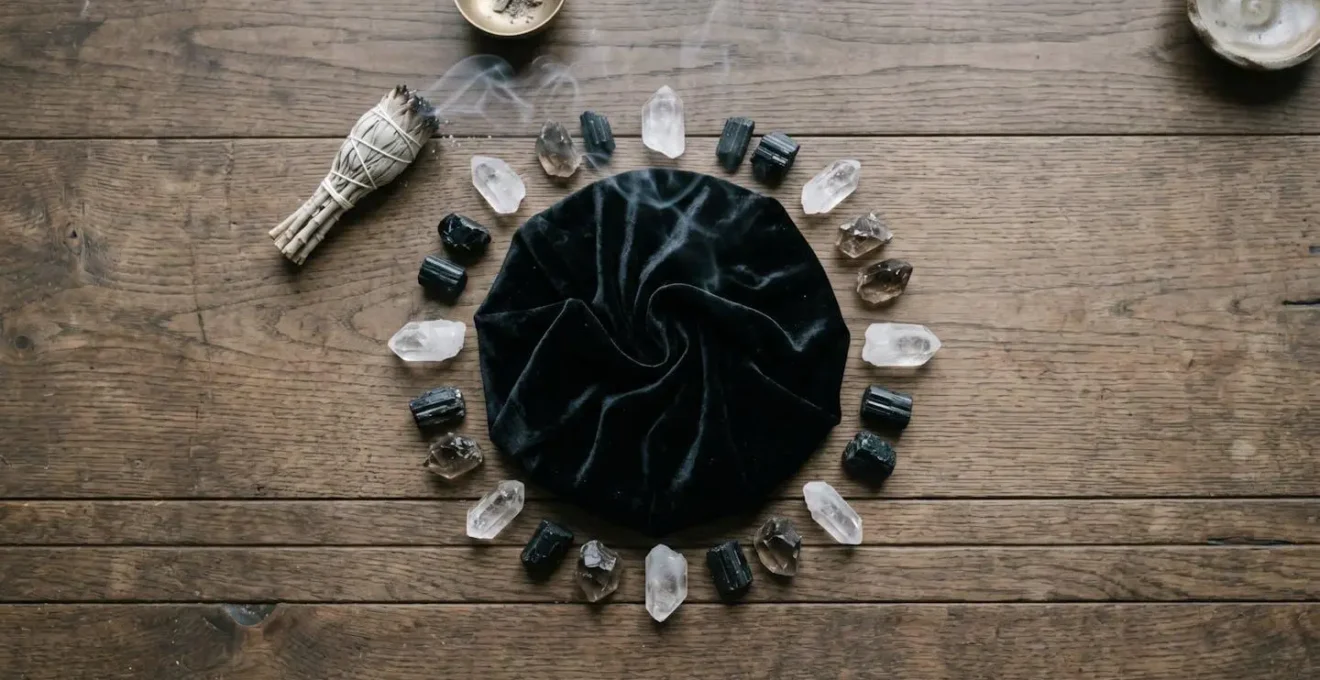 Un miroir divinatoire recouvert d'un tissu de velours noir avec des cristaux de protection disposés autour