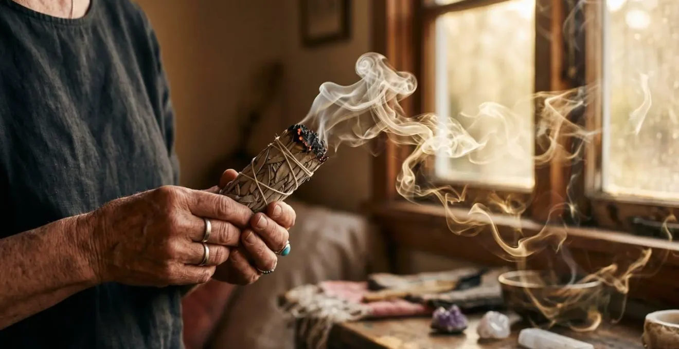 Rituel de purification d'une pièce avec fumée de sauge blanche et cristaux protecteurs