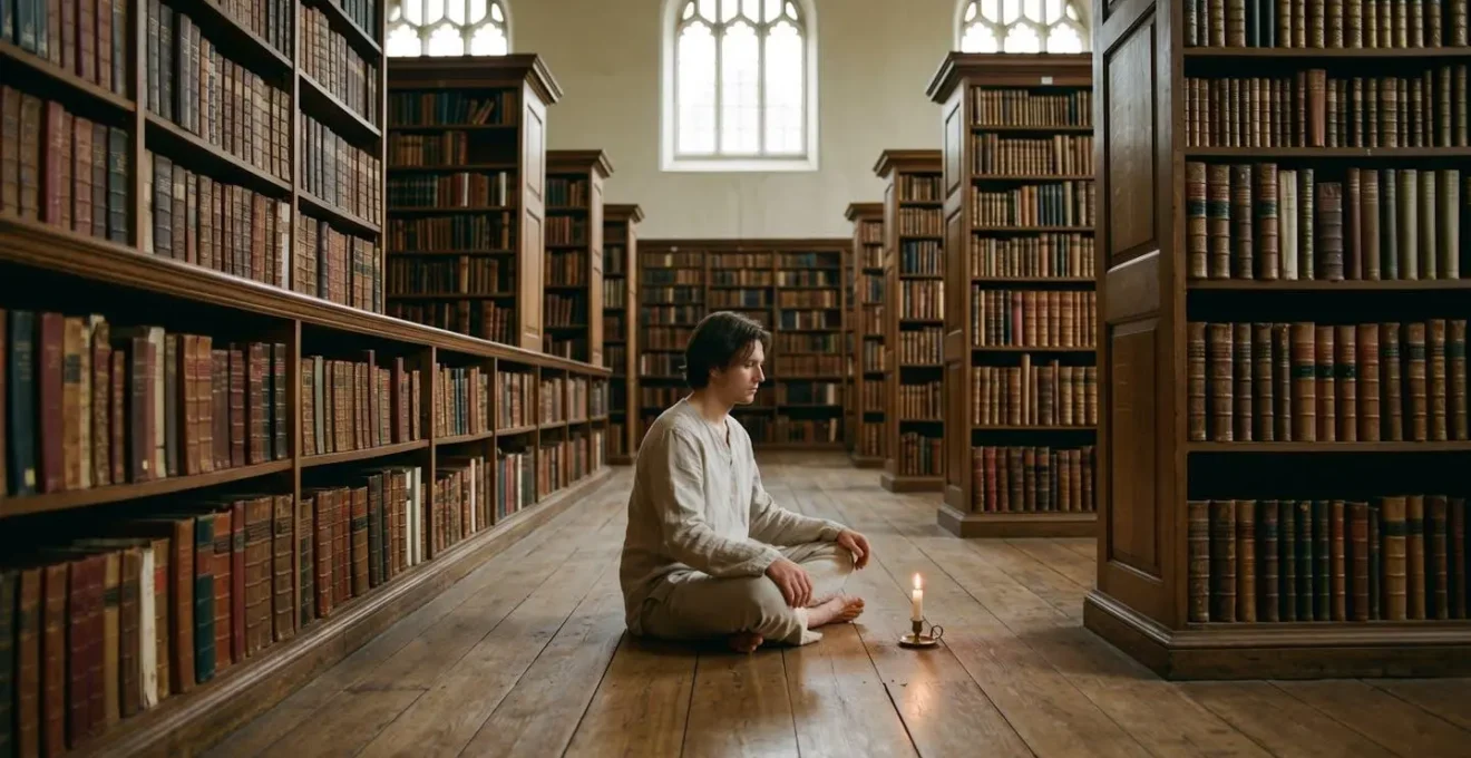 Personne méditant seule dans une bibliothèque ancienne avec des livres et des bougies, symbole de l'auto-initiation.