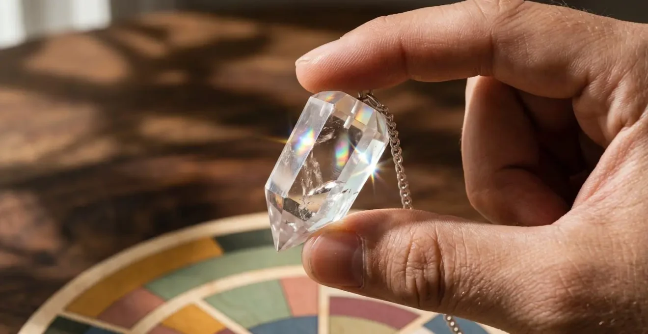 Main tenant délicatement un pendule en cristal au-dessus d'une planche de radiesthésie avec des secteurs colorés représentant différents critères professionnels