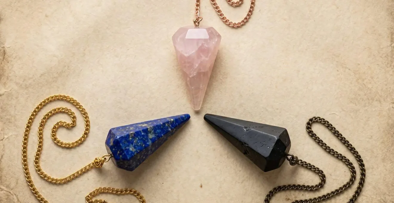 Trois pendules égyptiens en différentes pierres semi-précieuses disposés en triangle