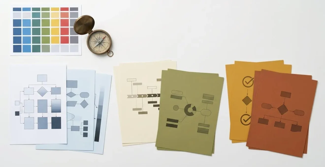 Vue aérienne minimaliste d'un bureau avec calendrier abstrait et documents organisés en phases distinctes