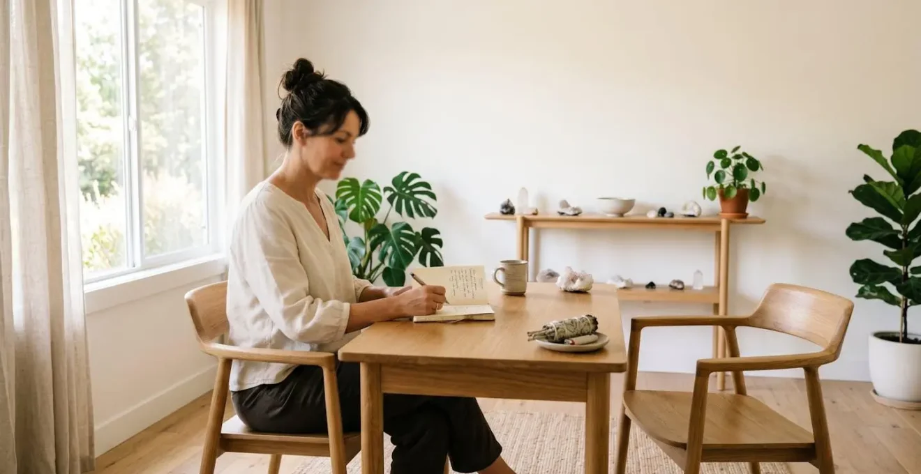 Praticienne spirituelle en consultation dans un cabinet lumineux et apaisant