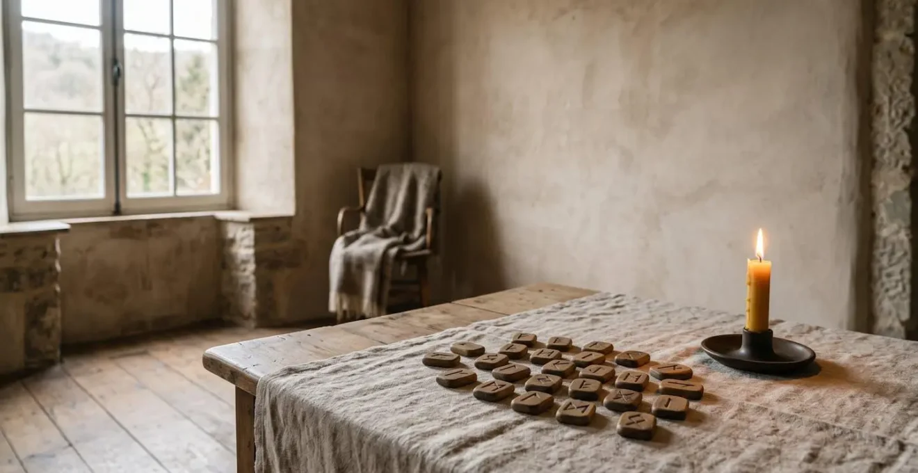 Espace de pratique divinatoire minimaliste avec runes artisanales sur nappe de lin, bougie naturelle et absence totale d'artifices commerciaux