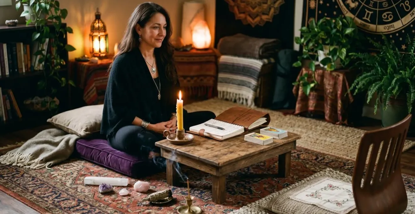 Espace de méditation préparé pour une consultation de voyance avec bougie et carnet