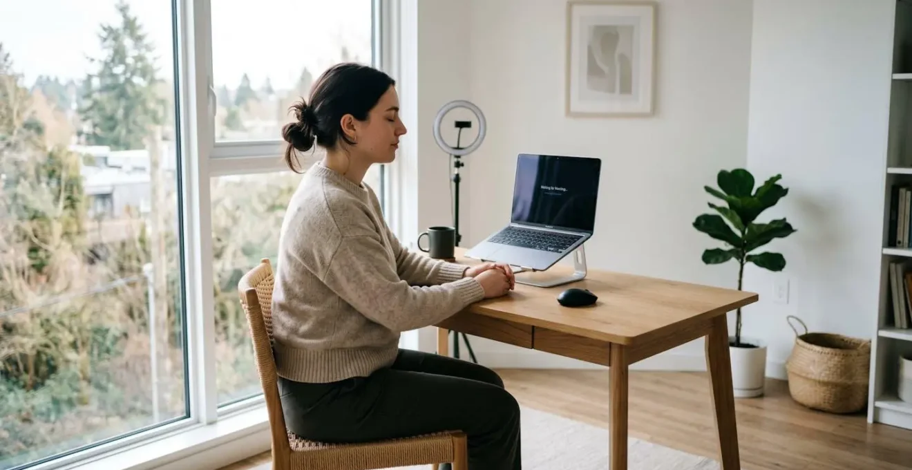 Vue environnementale d'une personne assise dans un espace calme et épuré, se préparant mentalement avant un appel