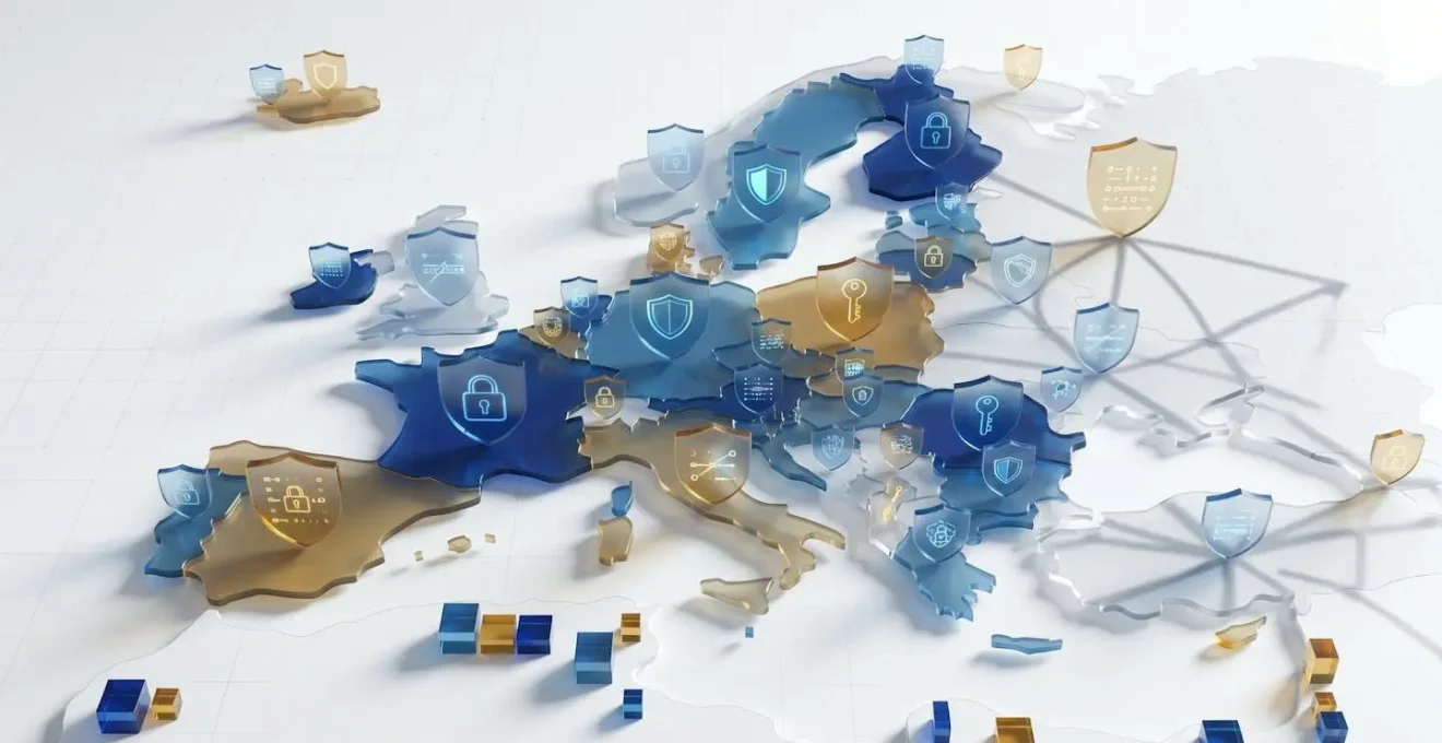 Carte stylisée de l'Europe avec bouclier de protection des données et cadenas numériques