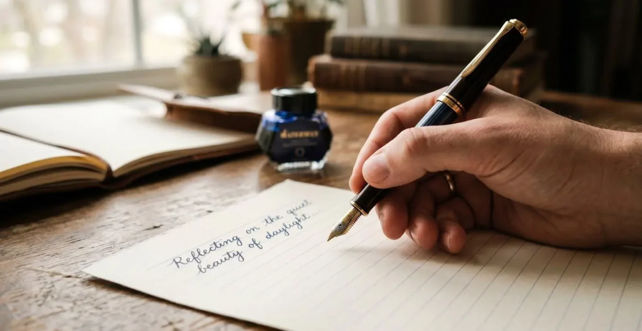 Main tenant un stylo plume au-dessus d'une feuille de papier avec lumière douce