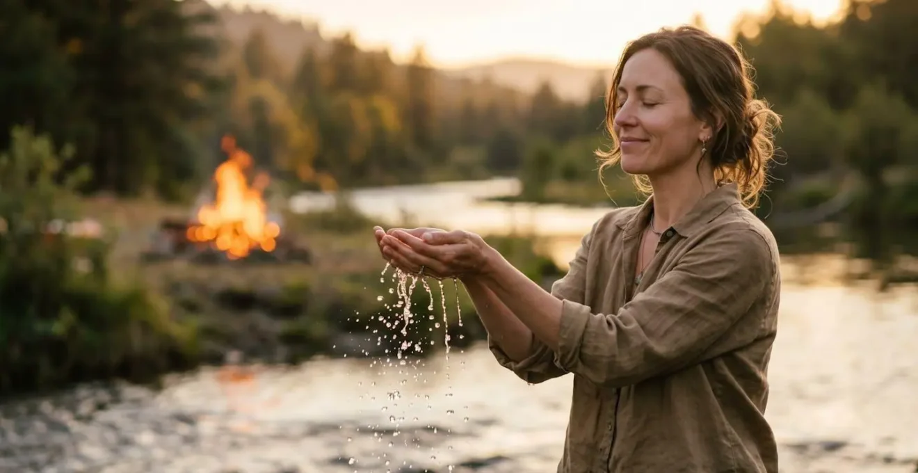 Personne pratiquant un rituel de libération émotionnelle avec des éléments naturels, de l'eau et du feu.