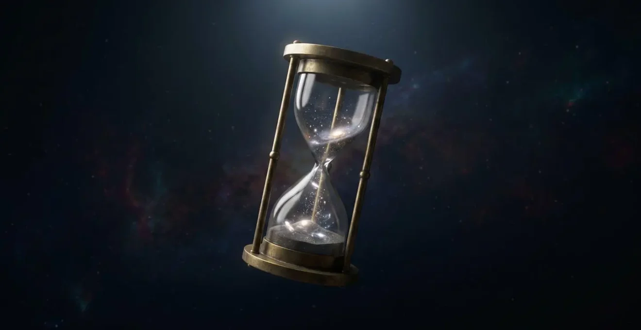Sablier cosmique avec étoiles coulant comme du sable, symbolisant la conscience de la finitude