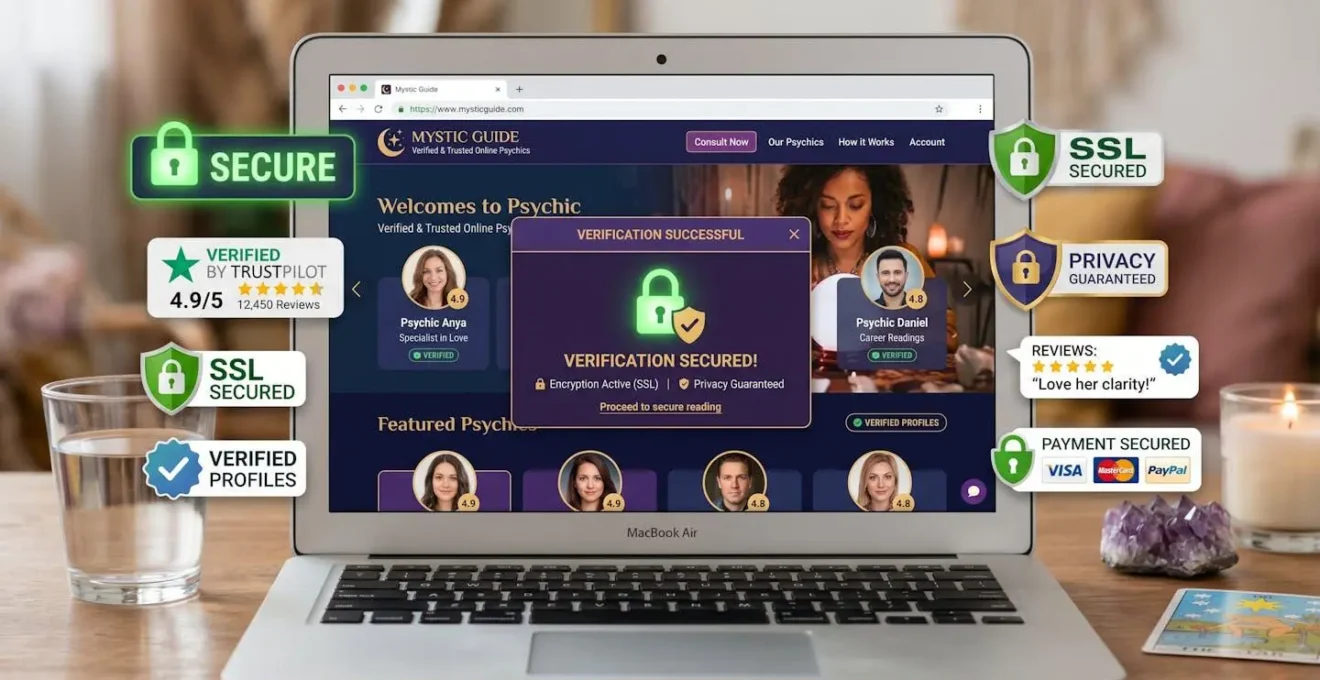 Vérification sécurisée d'un site de consultation de voyance avec éléments de confiance