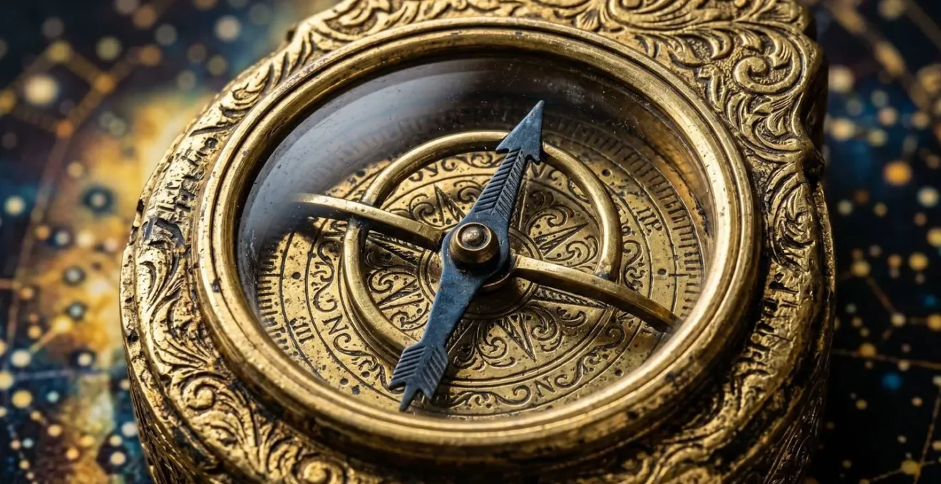 Vue macro détaillée d'une boussole dorée ancienne avec gravures complexes sur fond de carte stellaire floue
