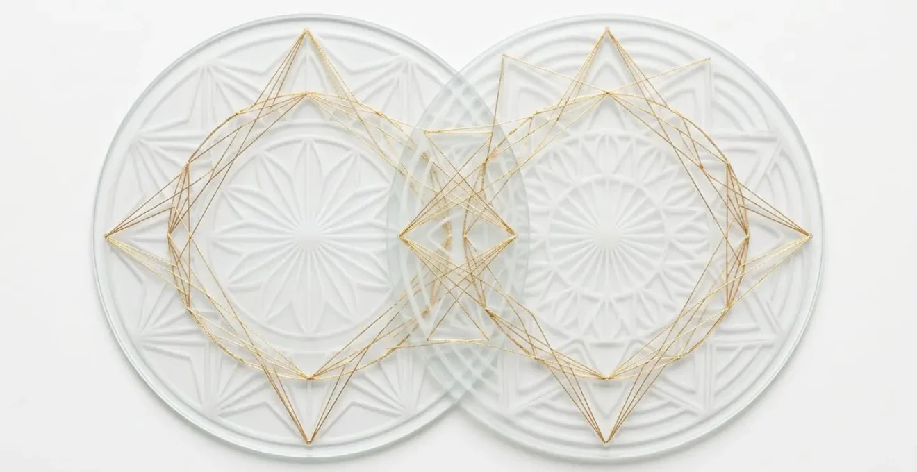 Deux cercles astrologiques transparents superposés avec lignes de connexion colorées représentant une synastrie.