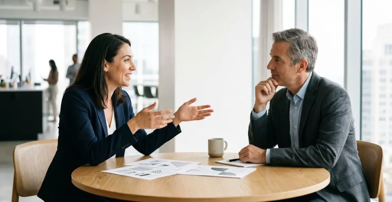 Deux professionnels en discussion autour d'une table ronde minimaliste avec gestes expressifs et contact visuel