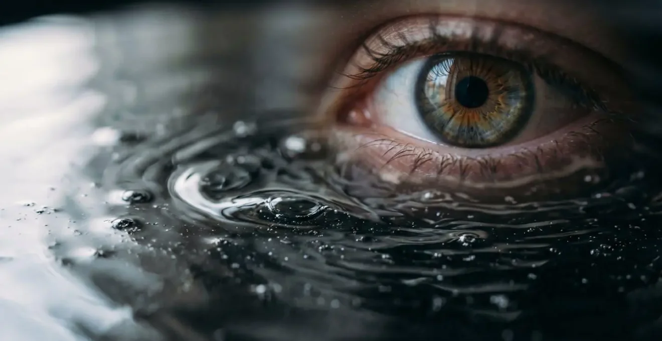Vue rapprochée d'un œil regardant au-delà de la surface de l'eau avec technique de défocalisation