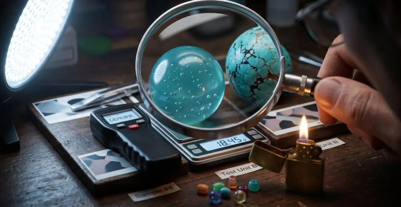 Gros plan sur un test d'authenticité d'un pendule en pierre avec loupe et outils de vérification
