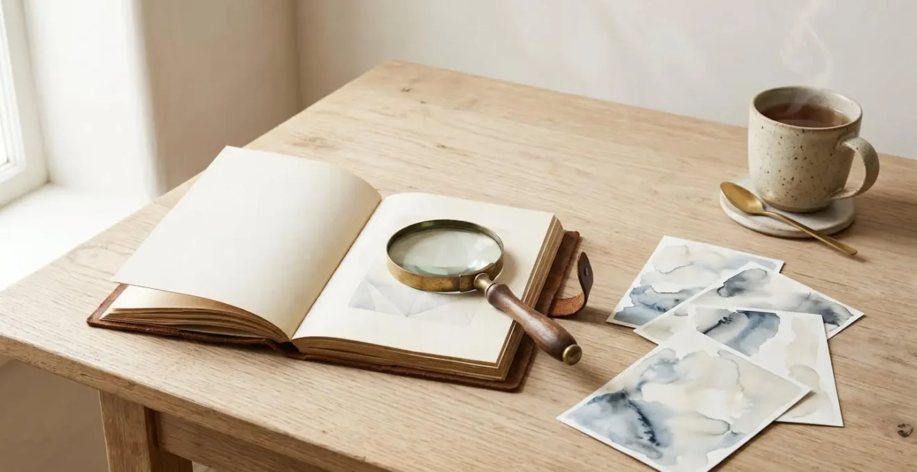 Bureau minimaliste avec carnet de notes et loupe posée sur des documents, symbolisant la vérification