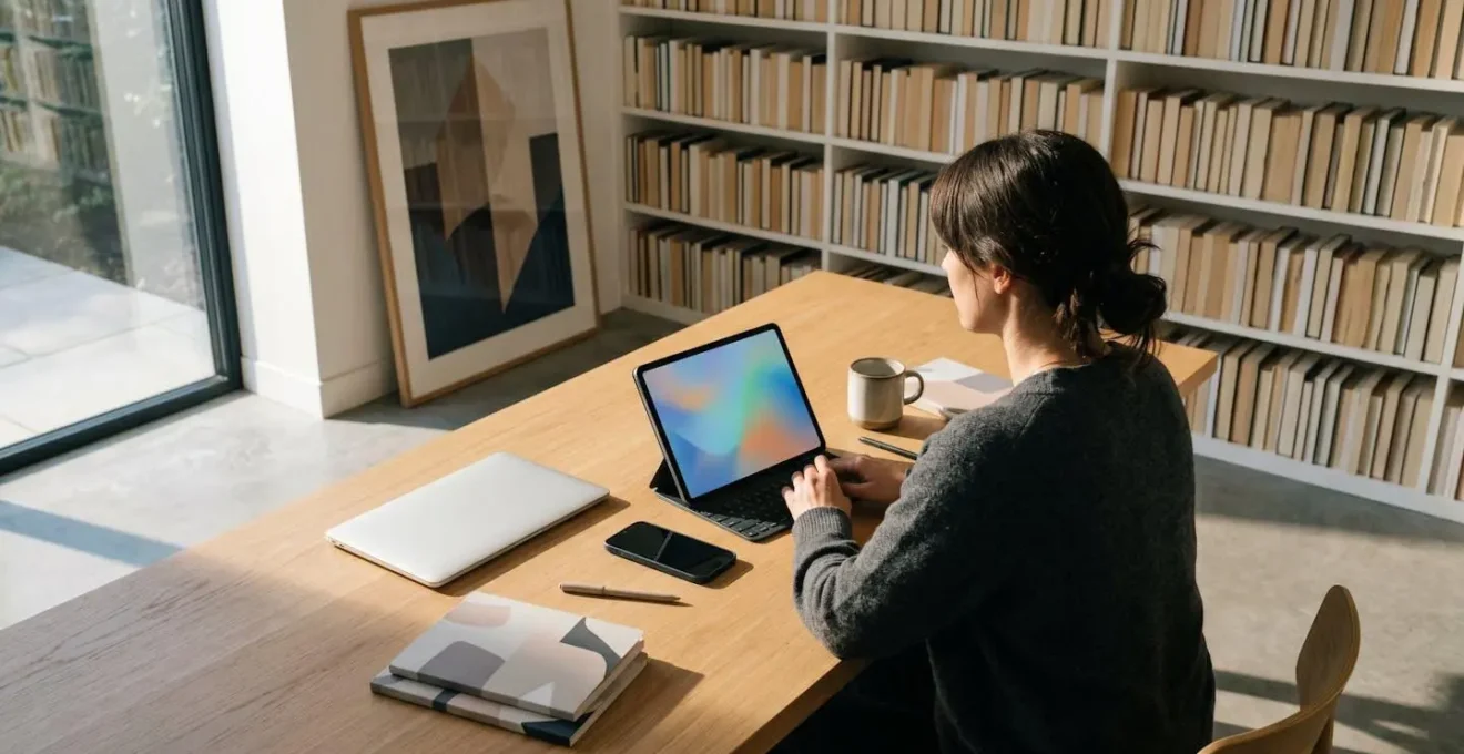 Personne consultant différentes sources d'information sur tablette dans un environnement calme et organisé