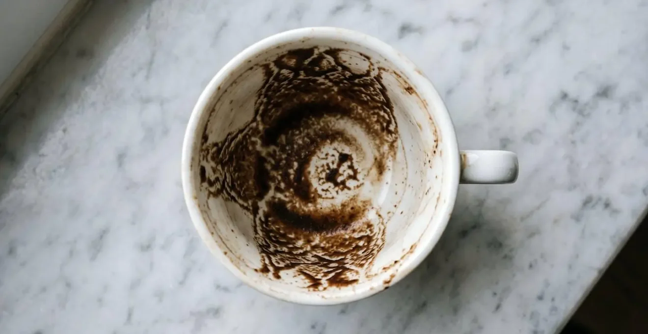 Vue plongeante dans une tasse de café vide montrant les résidus de marc formant des zones naturelles.